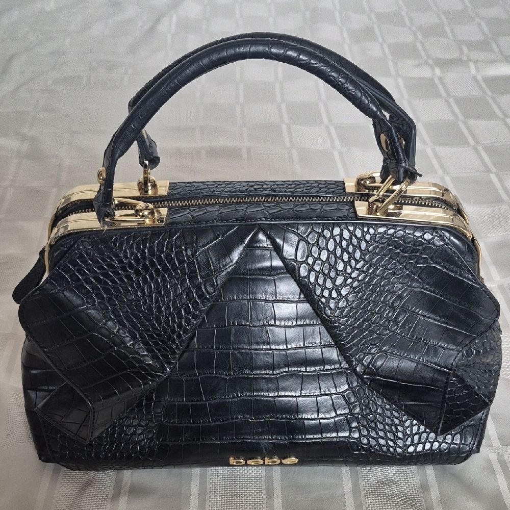 Bebe Black Croc-Patterned Satchel withโGold Details